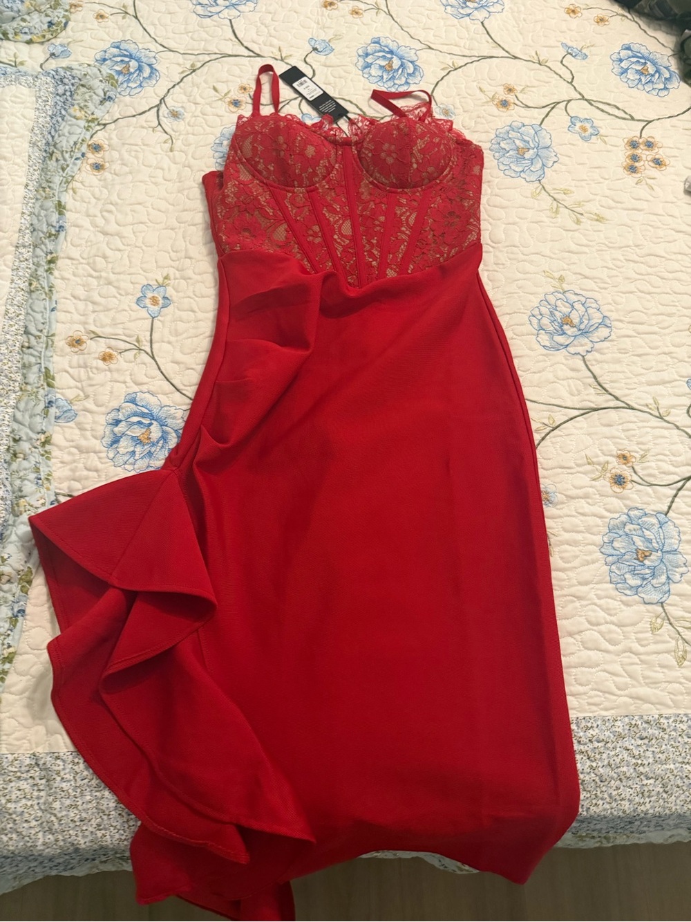 Fashion Nova Red One-Shoulder Lace Bodice Midi Dress